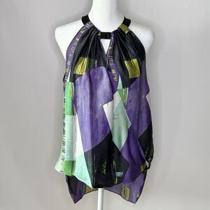 KENNETH COLE Sleeveless Choker Collar Tank Shirt Womens M Purple Abstract Modern